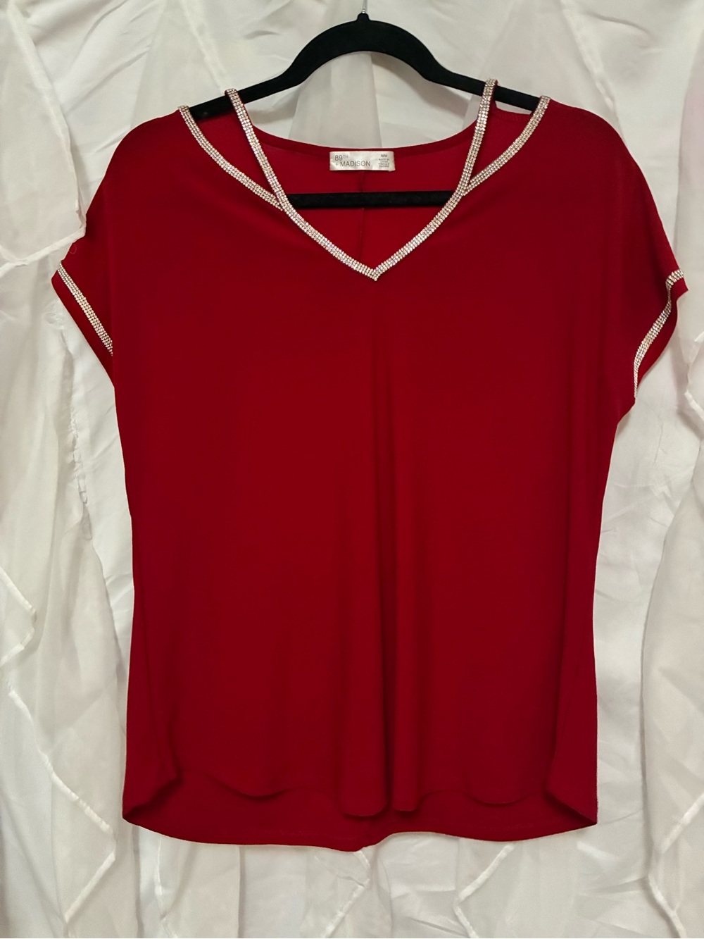 89th & Madison Red Short Sleeve V-Neck Top with Rhinestone Trim